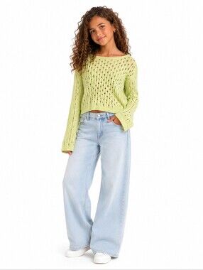 2/$20 H&M Open Knit Top girls size 12-14 Lime Green Cotton Lightweight Sweater